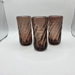 Vintage Hand Blown Glass Bud Vases Smoky Amethyst Brown Optic Swirl Set of 3